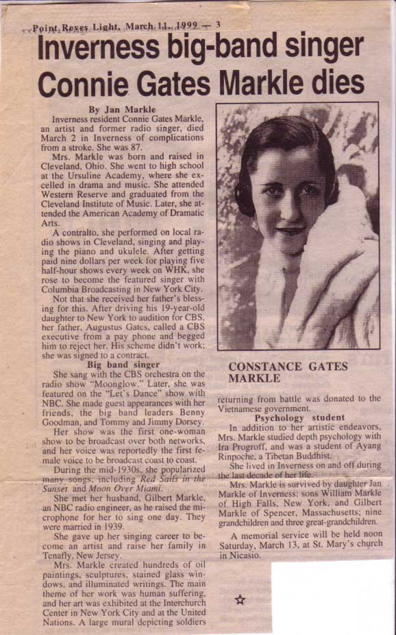 Obituary Constance Gates Markle, Point Reyes Light 1999